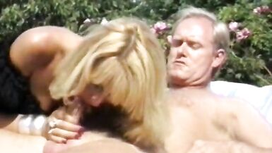 Blonde slut on a lounge chair sucks a cock and fucks - 5 image