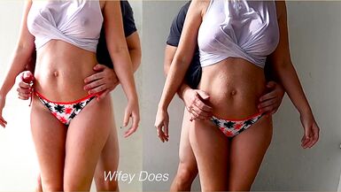 La femme mouille et branle la bite de son mari