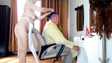 Nudist barbershop. Nude lady hairdresser in an apron. Security camera. The client is surprised. 2 3