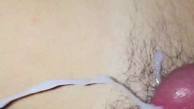 Fuck my wife hairy pussy POV and cum all over her pussy hair in slowmotion - 1 image