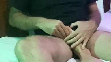 Milf & fetish. She jerks me off with her feet and massages my balls while showing me her pussy - 2 image