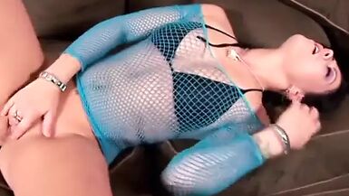 Hot brunette in sexy fishnet top gets to taste cock in all positions - 1 image