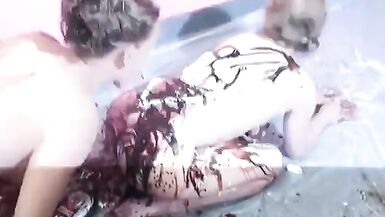 Lusty housewives get bored and play with ice cream toppings on big tits - 10 image