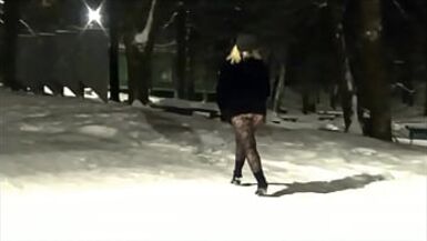 New Year's Eve night walk in nylon tights without a skirt - 1 image