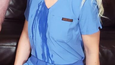 Sloppy nurse BJ soaks thru the scrubs