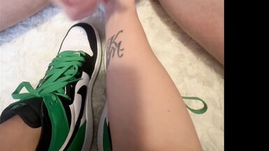 Slutty Milf rubs balls and begs for cum on her shoes