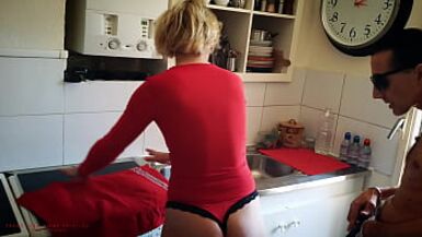 Slutty Nymphomaniac Mother-In-Law, Cleans In Lingerie To Tease Her Stepson. - 1 image