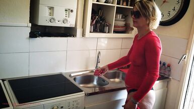 Slutty Nymphomaniac Mother-In-Law, Cleans In Lingerie To Tease Her Stepson. - 2 image