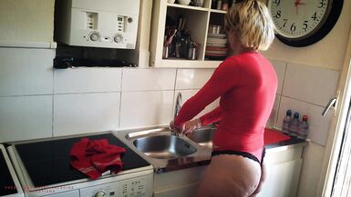 Slutty Nymphomaniac Mother-In-Law, Cleans In Lingerie To Tease Her Stepson. - 3 image