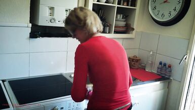 Slutty Nymphomaniac Mother-In-Law, Cleans In Lingerie To Tease Her Stepson. - 4 image