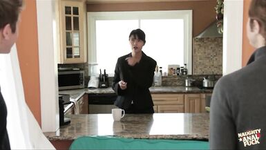 The Two Rowdy Neighbors Give the Brunette Slut an Anal Pounding That She Desperately Craved - 2 image
