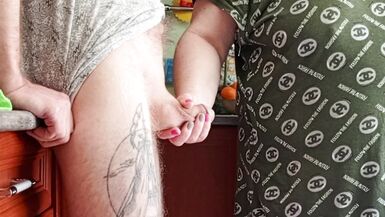 sperm flows powerfully from the penis after his mother-in-law jerked him off - 2 image