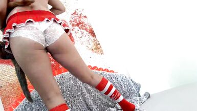 Girl with sexy school uniform is dancing without panties. Striptease with big iguana toy. c3