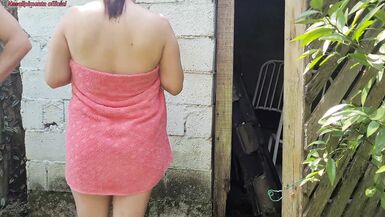 Shower doesnt work, married woman asks the farms caretaker for help using just a towel and pays with sex - 4 image