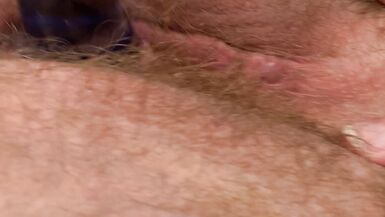 Close-up Hairy Blonde American MILF Fucks Her Tight Pussy With Glass Dildo and Squirts - 8 image