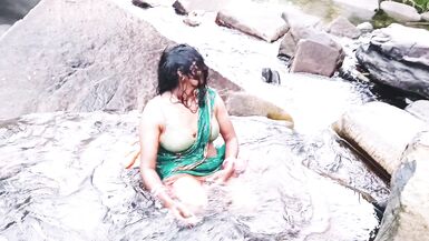 Telugu sexy Silk aunty outdoor waterfall bathing, telugu Dirty talks. - 3 image