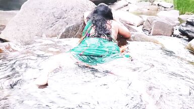 Telugu sexy Silk aunty outdoor waterfall bathing, telugu Dirty talks. - 6 image