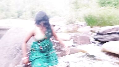Telugu sexy Silk aunty outdoor waterfall bathing, telugu Dirty talks. - 7 image
