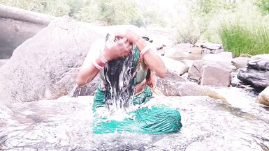 Telugu sexy Silk aunty outdoor waterfall bathing, telugu Dirty talks. - 9 image