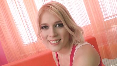 Blonde milf with small tits gets cum in mouth at casting