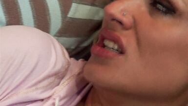 A busty blonde MILF getting her mouth and massive boobs covered with cum - 14 image