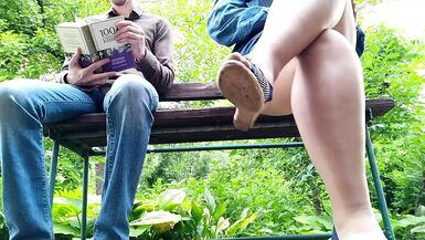 Curvy milf in pantyhose peeing next to me in the park, view from below - 1 image