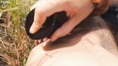 Sexy Hairy Biker Milf With Anal Plug Fucks Herself Outdoors In Nature - 12 image