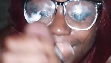 Sexy dark skinned girl sucks dick and takes cum in the face with a nice city view - 15 image