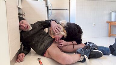 BLOWJOB TO THE PLUMBER IN MY KITCHEN - HOT WIFE - 10 image