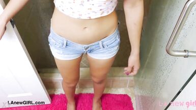 Stunning brunette model took a shower