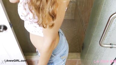 Stunning brunette model took a shower