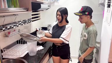 Little 18 year old stepsister wakes up her stepbrother to give him a nice blowjob and for him to cum on her face.