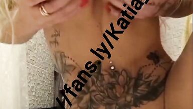 Katia Star blonde tattooed skinny fit fake tits bimbo come watch me oil up my big tits ride a dildo and cum all over it