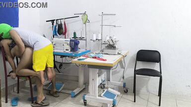 A horny and slutty seamstress seduces her coworker. She invites him over for sex, and her partner sucks her vagina like a whore.