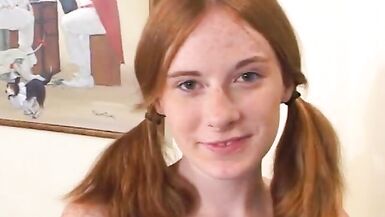 Husband and wife fuck cute redheaded babysitter with small tits on couch - 1 image