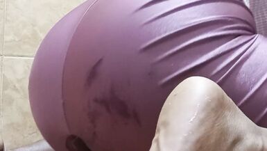 Horny brunette gets a dildo in her wet and hairy pussy until she makes a big squirt all over the floor