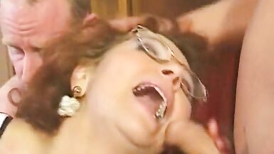 Busty and horny German lady gets her face sprayed by three loaded rods - 4 image