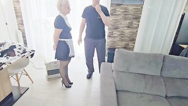 A maid gets caught playing with a vibrator. She gets her pussy and ass fucked and receives a nice facial cumshot. - 1 image
