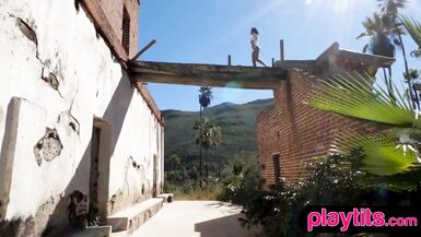 Angel Constance flaunts her petite body and bushy pussy in public