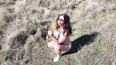 Watch the curvy MILF exhibitionist walk in the woods and flash her pretty face while taking risky sex and cumshots - 3 image
