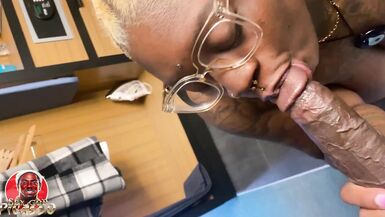 Tattooed ebony milf squirts in POV homemade video with her big natural tits & deep throat skills - 1 image