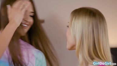 Busty lesbian Diana Grace and Gizelle Blanco share a vibrator while licking each other's pussies - 1 image