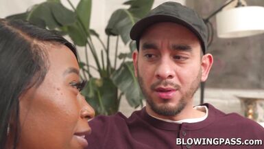 Mocha Menage gags on white bf's huge cock and takes it deep in her ebony pussy - 1 image