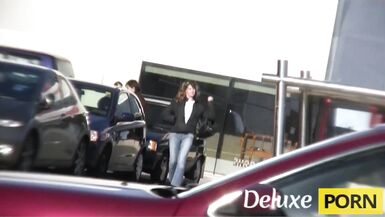 Darlyne's big tits and tight pussy get fingered & pounded hard in the parking lot