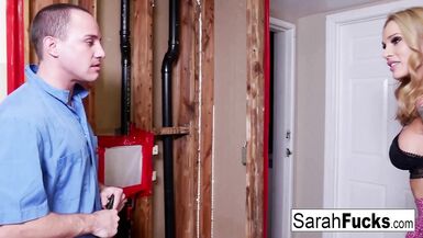Watch Sarah Jessie pay her plumber with her tight pussy and get a hot load on her big tits