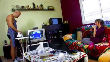 Eva Lange's massive tits bounce while she rides Max Cortes' hard cock in fishnet lingerie