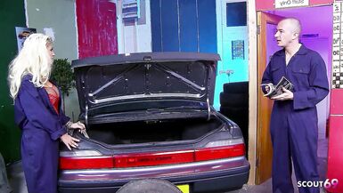 Katie Kaliana seduces her boss Andy Mann for a wild garage fuck with her big tits and fishnet stockings