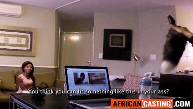 African MILF with natural tits deepthroats massive white cock in POV interview