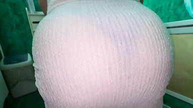 Stepmom with massive tits and ass blows stepson's dick after he views her big booty in the bathroom