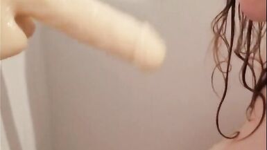 MILF BBW Stretches Holes with Suction Dildo in Shower - 2 image